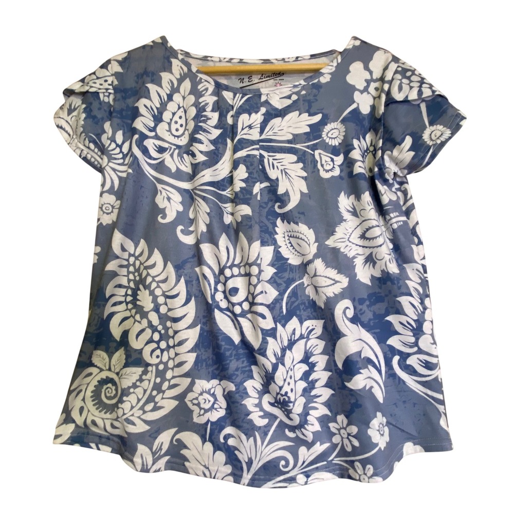 Northern Expedition Womens MD‎ Blouse Blue White Floral Paisley Petal Sleeve Top